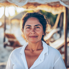 An indigenous Mexican woman wearing a white shirt working at a beach resort. The background is blurred with beach chairs and a straw umbrella.