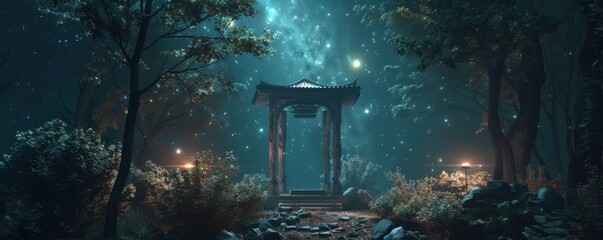 Sticker - Mystical forest shrine under starlight, 4K hyperrealistic photo