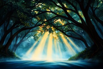 Poster - Watercolor painting of a misty European forest at dawn, with soft washes of green and blue blending into the golden light filtering through the trees, creating a peaceful and magical scene