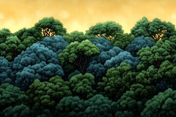Poster - Watercolor painting of a misty European forest at dawn, with soft washes of green and blue blending into the golden light filtering through the trees, creating a peaceful and magical scene