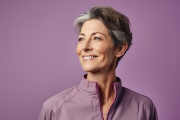 Wall Mural - Portrait of a tender woman in her 50s sporting a technical climbing shirt on pastel purple background