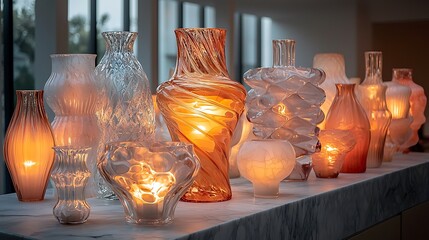 A row of glass vases, some with candles inside, on a marble counter.