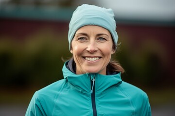 Canvas Print - Portrait of a grinning woman in her 40s wearing a windproof softshell over pastel teal background