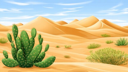 Clipart-style desert landscape with soft sand dunes and cacti, conveying peace and simplicity in a serene environment