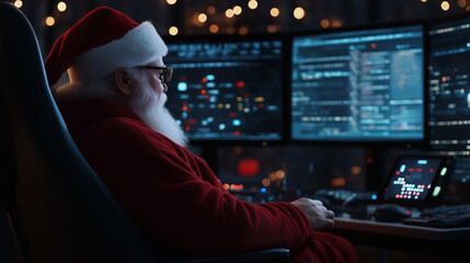a tech-savvy santa claus is seen in his command center, managing high-tech operations with multiple 