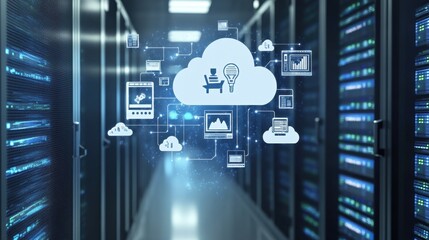 Cloud application deployment workflow with icons of servers, databases, and services floating toward cloud servers
