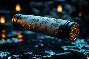 Poster - 3D-rendered ancient scroll of Eastern poetry, with realistic textures of the parchment and ink, floating in a virtual space, illuminated by soft, glowing light
