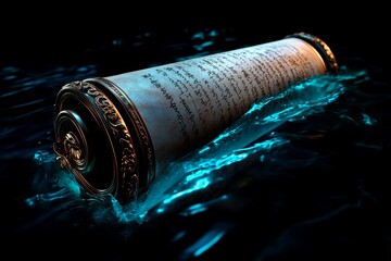 Poster - 3D-rendered ancient scroll of Eastern poetry, with realistic textures of the parchment and ink, floating in a virtual space, illuminated by soft, glowing light