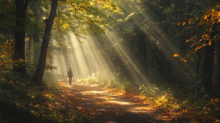 Poster - Golden rays of sunlight stream through the trees, illuminating a tranquil forest path where a solitary figure strolls amidst fallen leaves and vibrant autumn colors, creating a serene atmosphere.