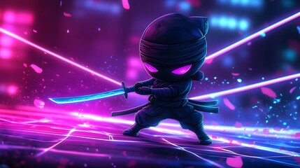 Poster - Neon Ninja Warrior with Glowing Sword and Pink Lights