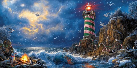 Canvas Print - Majestic Lighthouse Illuminates Stormy Night: Waves Crash on Rocky Coastline Under Starry Sky in Captivating Seascape Art