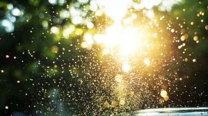 Poster - Sunlight streams through a window pane, illuminating a background of green leaves and a bright, golden glow.