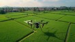 © sablengjago - A black drone flies over a vast green field, capturing images.
