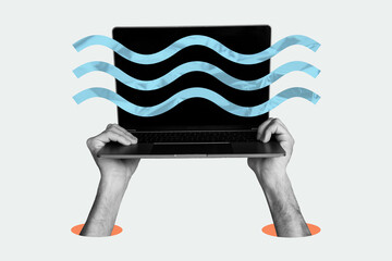 Aufkleber - Creative collage picture computer modern technology device remote job social media network hands body fragment hold drawing background