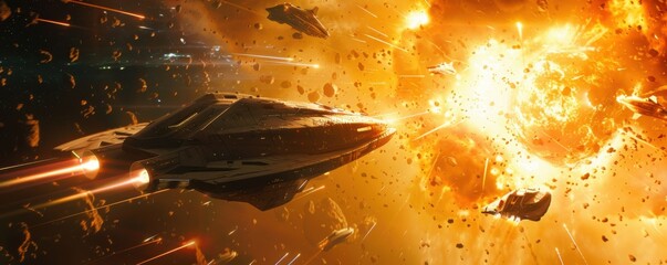 Wall Mural - Intense space skirmish between futuristic starships near a blazing supernova, 4K hyperrealistic photo