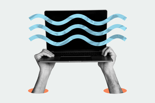 Creative collage picture computer modern technology device remote job social media network hands body fragment hold drawing background