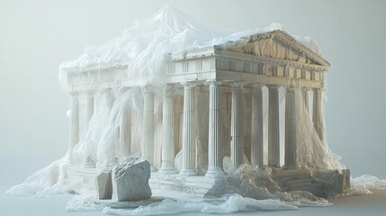 Poster - ancient temple sculpture partially covered in white fabric creating a surreal effect in an art studi