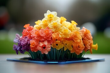 Aufkleber - A digital display of a Narcissus plant in a virtual garden, where users can interact with the flowers and change their colors and bloom times in a holographic environment