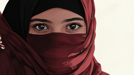 Captivating Muslim teenage girl in niqab gazes warmly. Traditional closed clothing for women of the East. Total unrecognisability of people. The rights of women of the East. Illustration for design