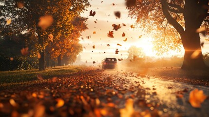 Poster - A car drives down a picturesque road surrounded by vibrant autumn foliage as leaves swirl in the warm light of the setting sun, creating a tranquil and beautiful moment in nature.