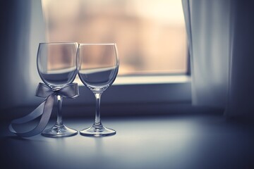 Two wine glasses with ribbons tied to them sit on a table