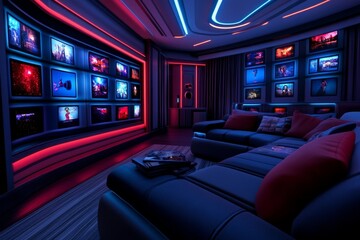 Poster - A futuristic living room with holographic screens, where media is streamed through virtual interfaces floating in mid-air, controlled by gestures and voice commands