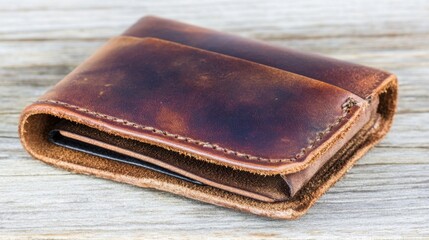 Rustic Brown Leather Wallet on Wooden Background