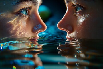 Poster - A hyper-realistic depiction of a person gazing at their reflection in water, with every ripple and detail of their face captured, focusing on the act of self-reflection