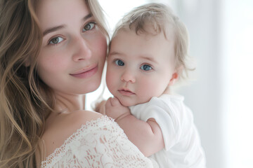 Close up portrait of a beautiful young mother holding a newborn baby in her arms. The woman is looking at the camera and smiling, concept conveys warm family love and care for children.