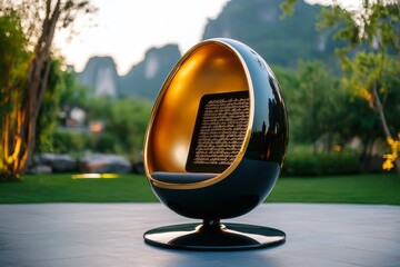 Poster - A meditation pod in a futuristic landscape, where digital screens display ancient Eastern poetry and wisdom as part of a virtual meditation experience