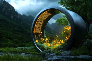 Poster - A meditation pod in a futuristic landscape, where digital screens display ancient Eastern poetry and wisdom as part of a virtual meditation experience