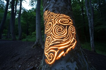 Poster - A mystical forest with ancient trees, where the bark is alive with swirling patterns of light, and the trees themselves seem to whisper stories of a magical past