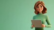 © Art Resources - 3D character close up portrait of a cheerful white woman in a green sweater, holding a laptop with a focused expression, on a mint green gradient backdrop, copy space, cartoon style,