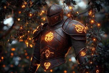Poster - A rusted metal armor set hanging in a mystical forest, overgrown with glowing vines and magical symbols, showing how time and nature have blended with the relics of a forgotten warrior