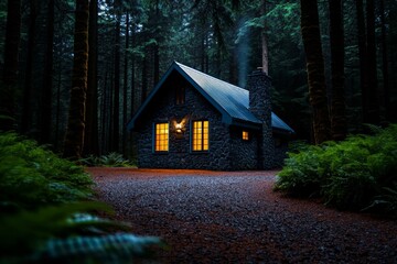 Poster - A small stone cottage nestled in a clearing, surrounded by towering pines and oaks, with the soft light of dusk casting long shadows, creating a hidden and magical retreat in the forest