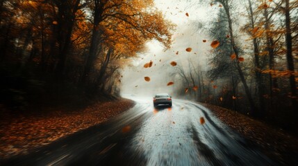 Poster - A solitary car navigates a winding road lined with vibrant autumn leaves, while gentle rain falls and mist envelops the serene forest environment, creating a peaceful yet dynamic atmosphere.