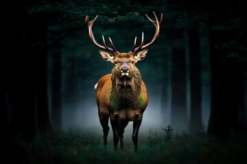Poster - A stag standing in the middle of a misty forest clearing, its antlers covered in moss and its gaze piercing through the fog, as the soft light of dawn filters through the trees