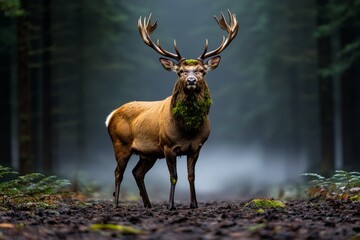 Poster - A stag standing in the middle of a misty forest clearing, its antlers covered in moss and its gaze piercing through the fog, as the soft light of dawn filters through the trees