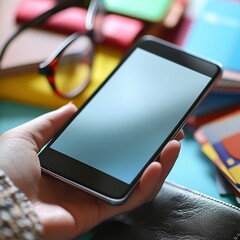 Creative workspace with a hand holding a blank smartphone and colorful design elements on a vibrant table