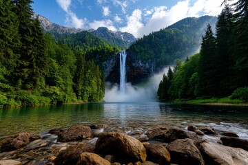 Poster - A towering waterfall hidden deep within a magical forest, with mist rising from the cascading water and the trees surrounding the area bathed in soft morning light