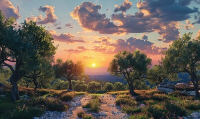 Canvas Print - Olive grove under a Mediterranean sunset, 4K hyperrealistic photo