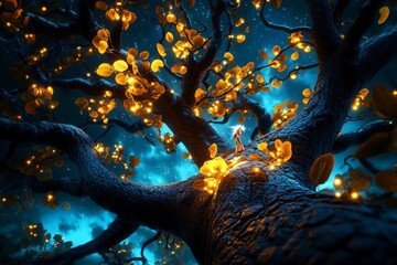 Poster - An ancient European forest where the trees glow softly at night, their leaves shimmering with a magical light, and faeries dancing among the branches, creating an ethereal, dreamlike scene