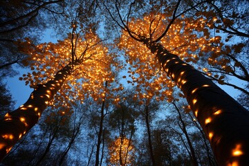 Poster - An ancient European forest where the trees glow softly at night, their leaves shimmering with a magical light, and faeries dancing among the branches, creating an ethereal, dreamlike scene
