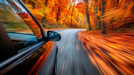 A black car drives down a winding road through a forest. The trees lining the road have colorful autumn leaves. The photo has a motion blur effect.