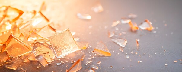 Poster - Shattered Glass Chaos A Dramatic Display of Broken Bottle Shards with Glowing Reflections on a Rugged Surface - Captivating Abstract Art