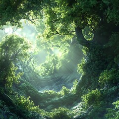 Canvas Print - A serene forest scene with sunlight filtering through lush green foliage.