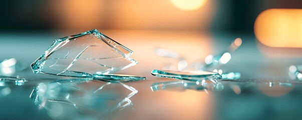 Poster - shattered reflections chaotic scene of glowing glass shards on reflective floor - captivating light 
