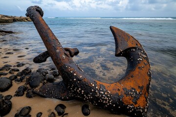 An old shipâ€™s anchor rusted and covered in barnacles, sitting on the shore, its metal heavily corroded by the sea, evoking a sense of maritime history and abandonment