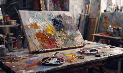 Poster - Paint palette on the artist's table, 4K hyperrealistic photo