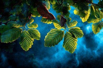 Poster - Detailed shot of a mist-covered European forest at dawn, with soft light filtering through the trees, every leaf and branch rendered in stunning, lifelike detail